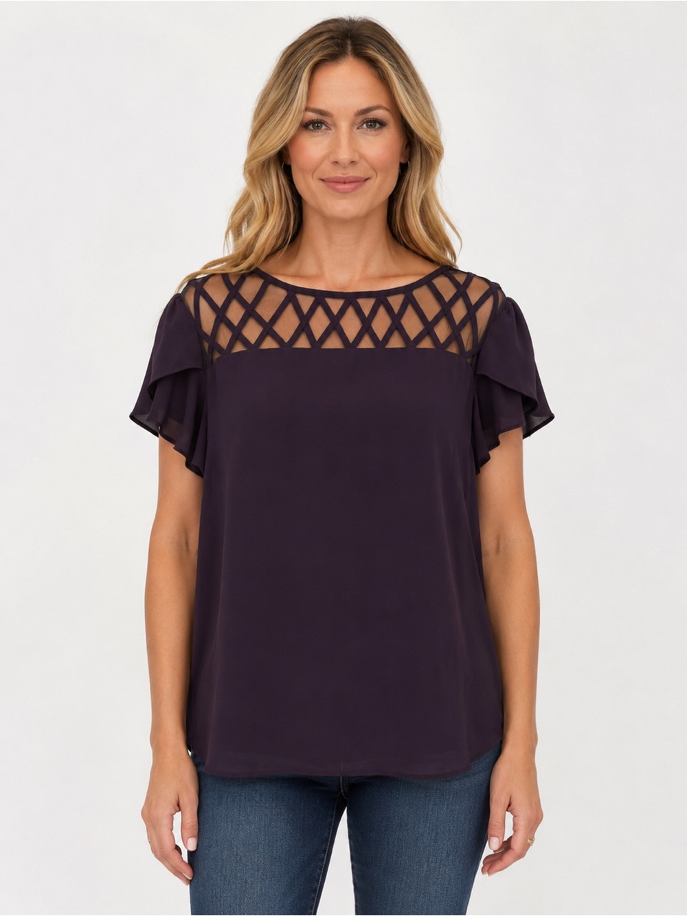 Purple Lattice Yoke Flutter Sleeve Top -Size Large